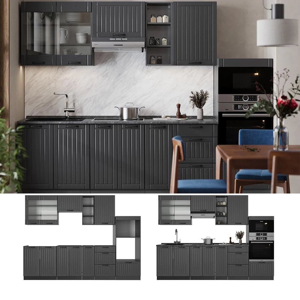 Cucina componibile Fame-Line Grigio scuro/Antracite 280 cm piano di lavoro Rovere dorato Vicco