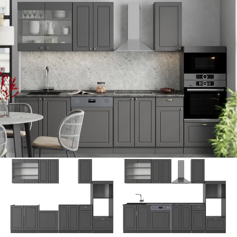 Cucina componibile Fame-Line Oro-antracite country/Antracite 300 cm piano di lavoro Antracite Vicco