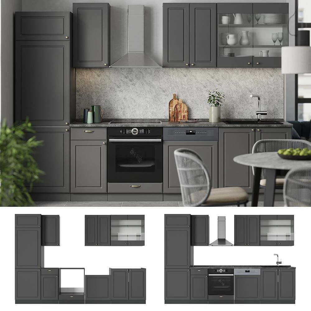 Cucina componibile Fame-Line Oro-antracite country/Antracite 300 cm senza piano di lavoro Vicco