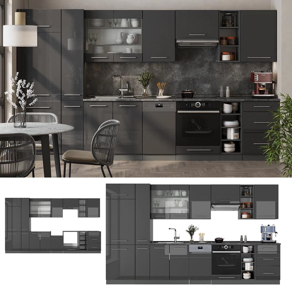 Cucina componibile Fame-Line Antracite lucido/Antracite 355 cm senza piano di lavoro Vicco