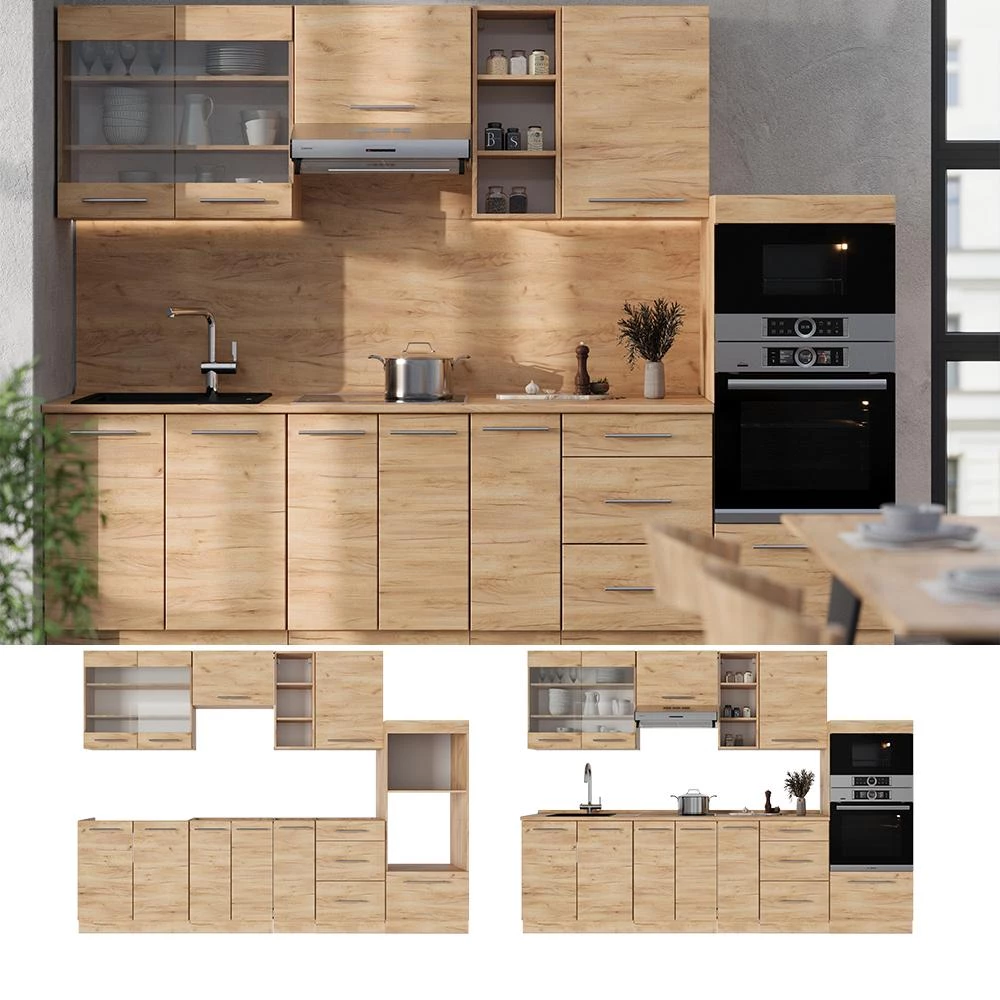 Cucina componibile Fame-Line Rovere dorato/Rovere dorato 280 cm piano di lavoro Marmo Vicco