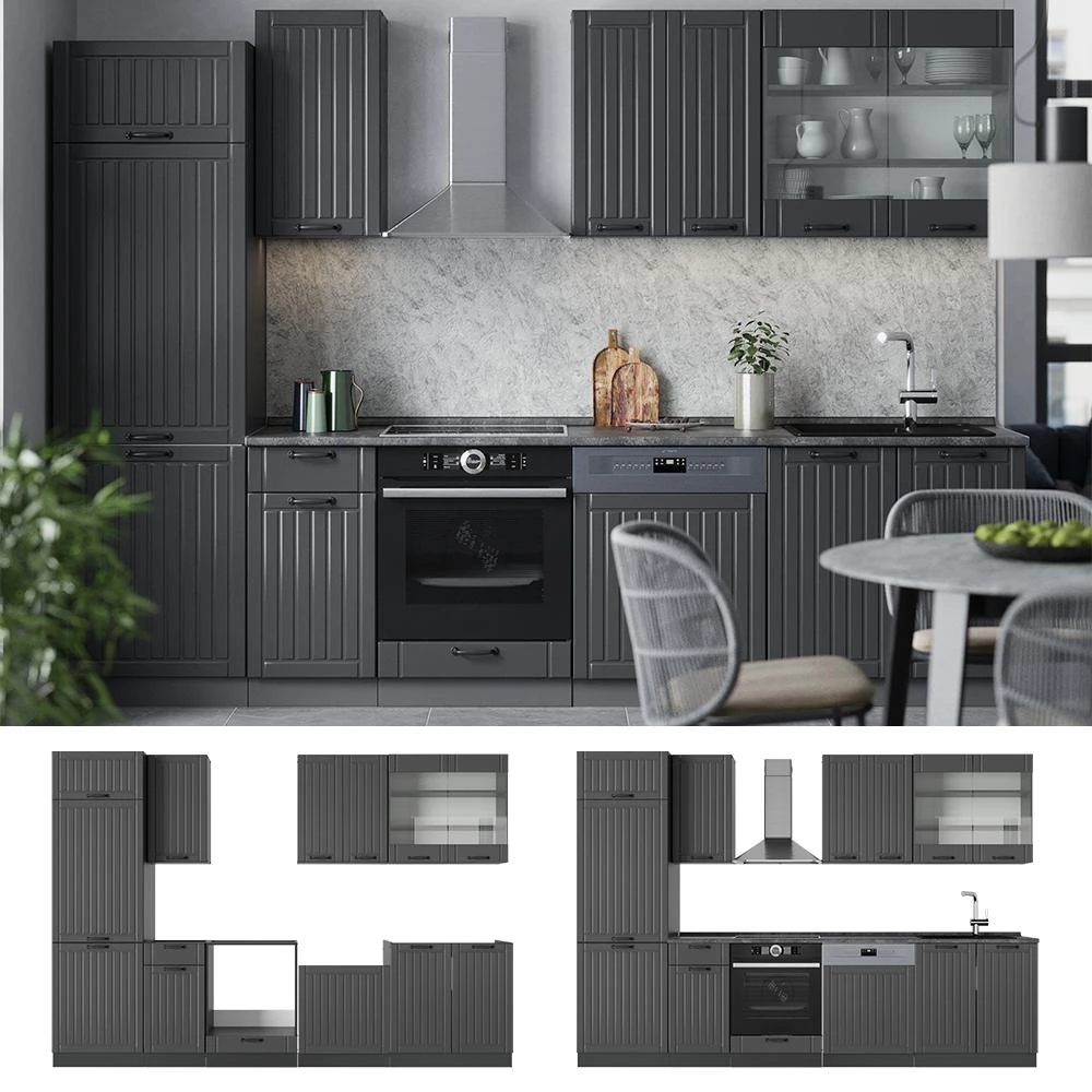 Cucina componibile Fame-Line Grigio scuro/Antracite 300 cm senza piano di lavoro Vicco