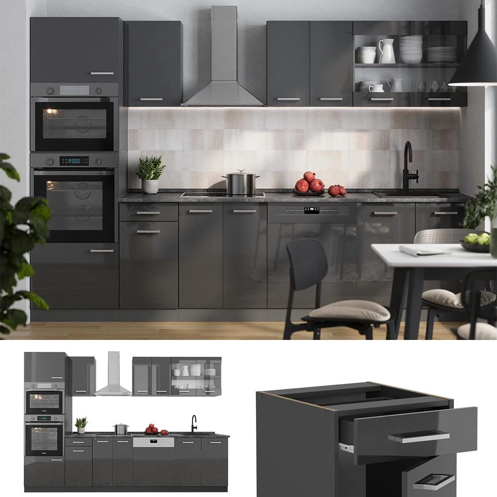 Complete keukeneenheid R-Line Antraciet hoogglans/antraciet 300 cm met hoge kast, zonder werkblad Vicco