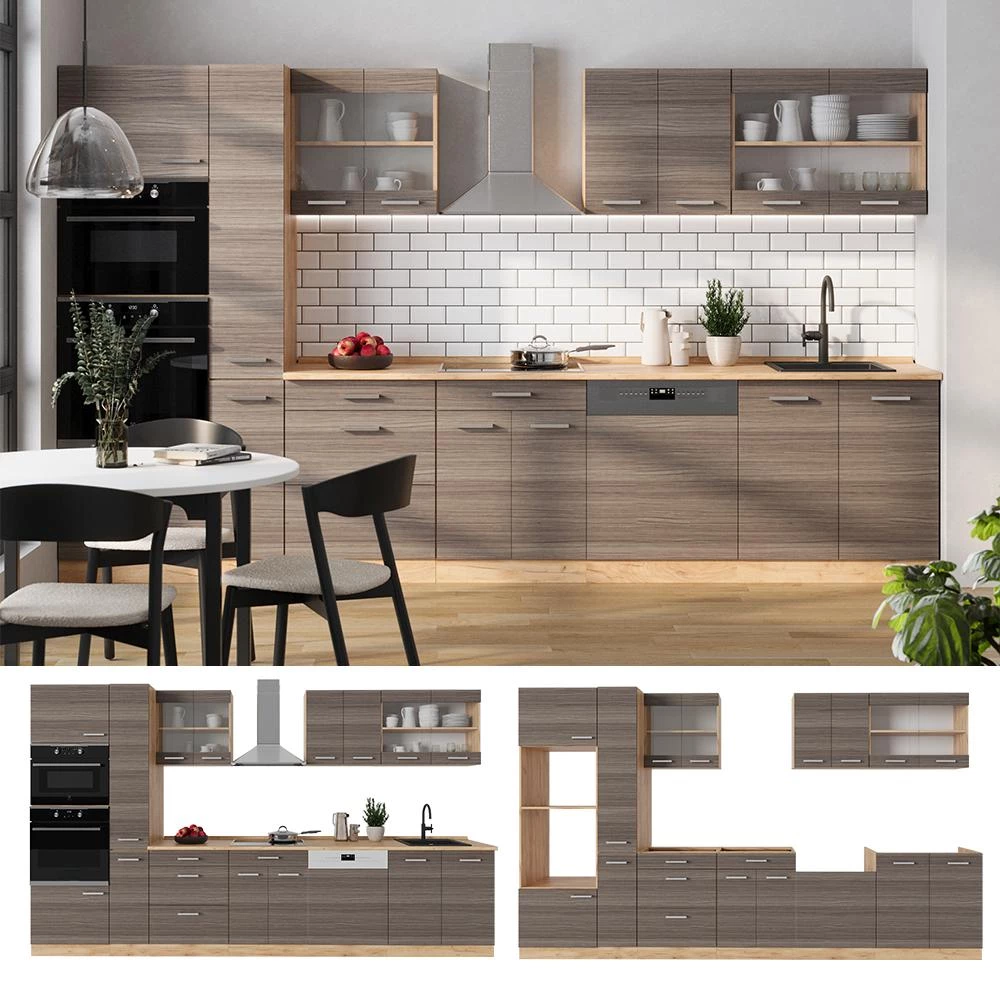 Complete keuken R-Line Edel grijs/gouden eik 350 cm , WB Antraciet Vicco