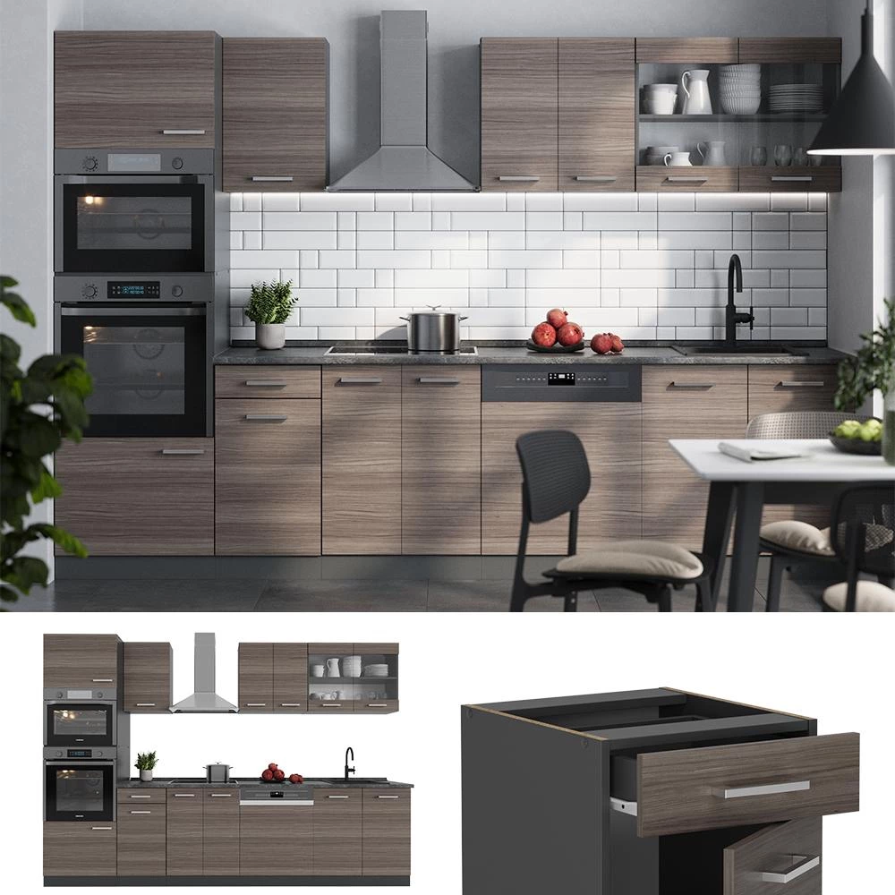 Complete keukeneenheid R-Line Edel grijs/antraciet 300 cm met hoge kast, zonder werkblad Vicco