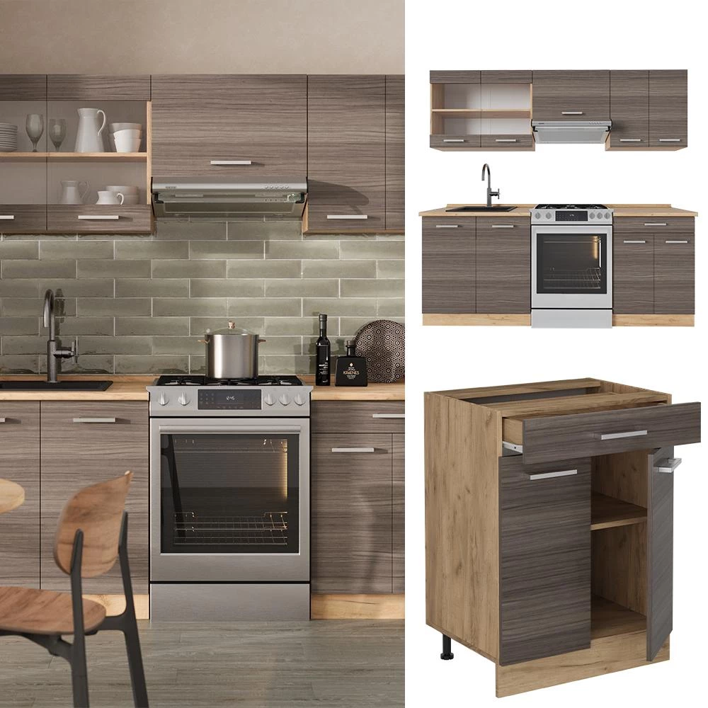 Complete keukeneenheid R-Line Edel grijs/gouden eik 200 cm zonder werkblad Vicco
