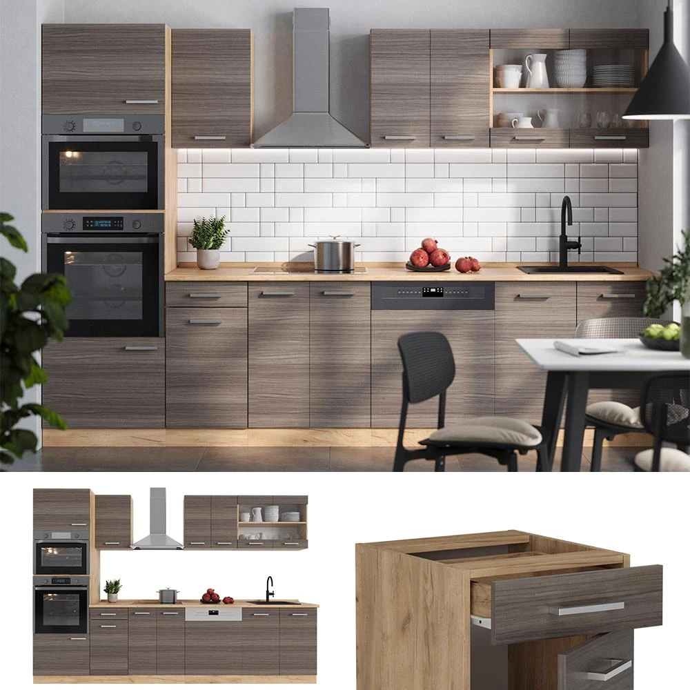 Complete keukeneenheid R-Line Edel grijs/gouden eik 300 cm met hoge kast, WB Antraciet Vicco