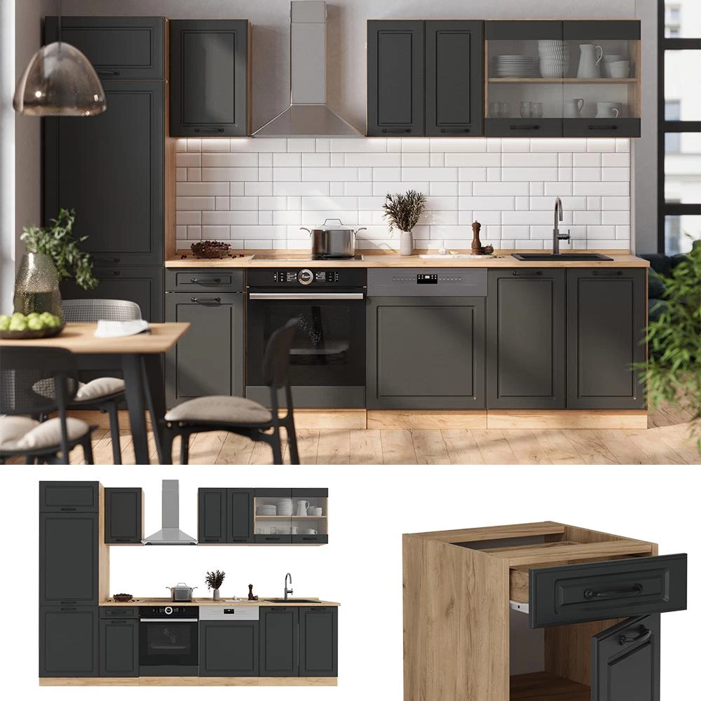 Complete keukeneenheid R-Line Antraciet landhuis/gouden eik 300 cm zonder werkblad Vicco