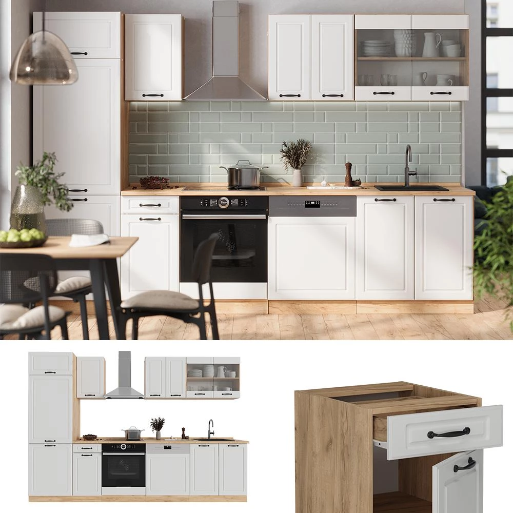Complete keukeneenheid R-Line Wit landhuis/gouden eik 300 cm zonder werkblad Vicco