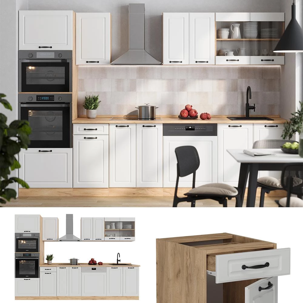 Complete keukeneenheid R-Line Wit landhuis/gouden eik 300 cm met hoge kast, WB Marmer Vicco