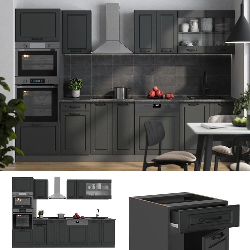 Complete keukeneenheid R-Line Antraciet landhuis/antraciet 300 cm met hoge kast, WB Marmer Vicco