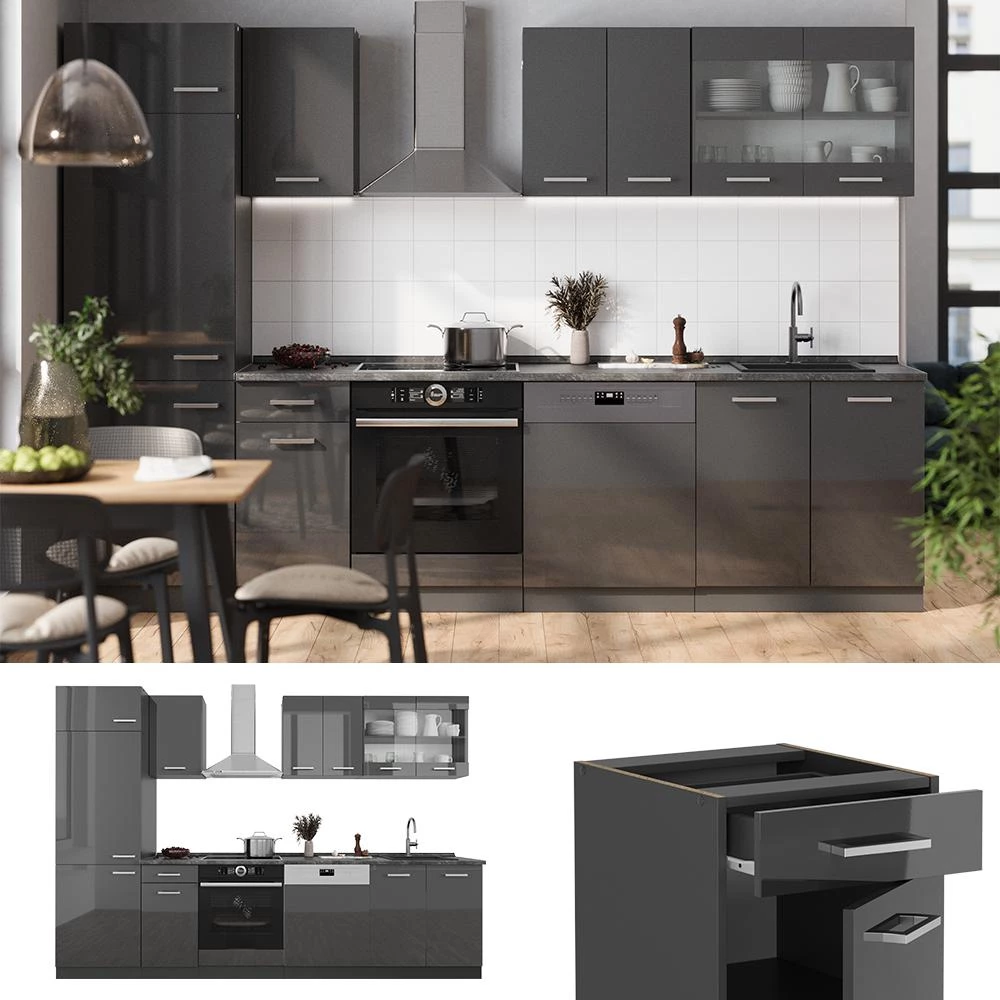 Complete keukeneenheid R-Line Antraciet hoogglans/antraciet 300 cm zonder werkblad Vicco