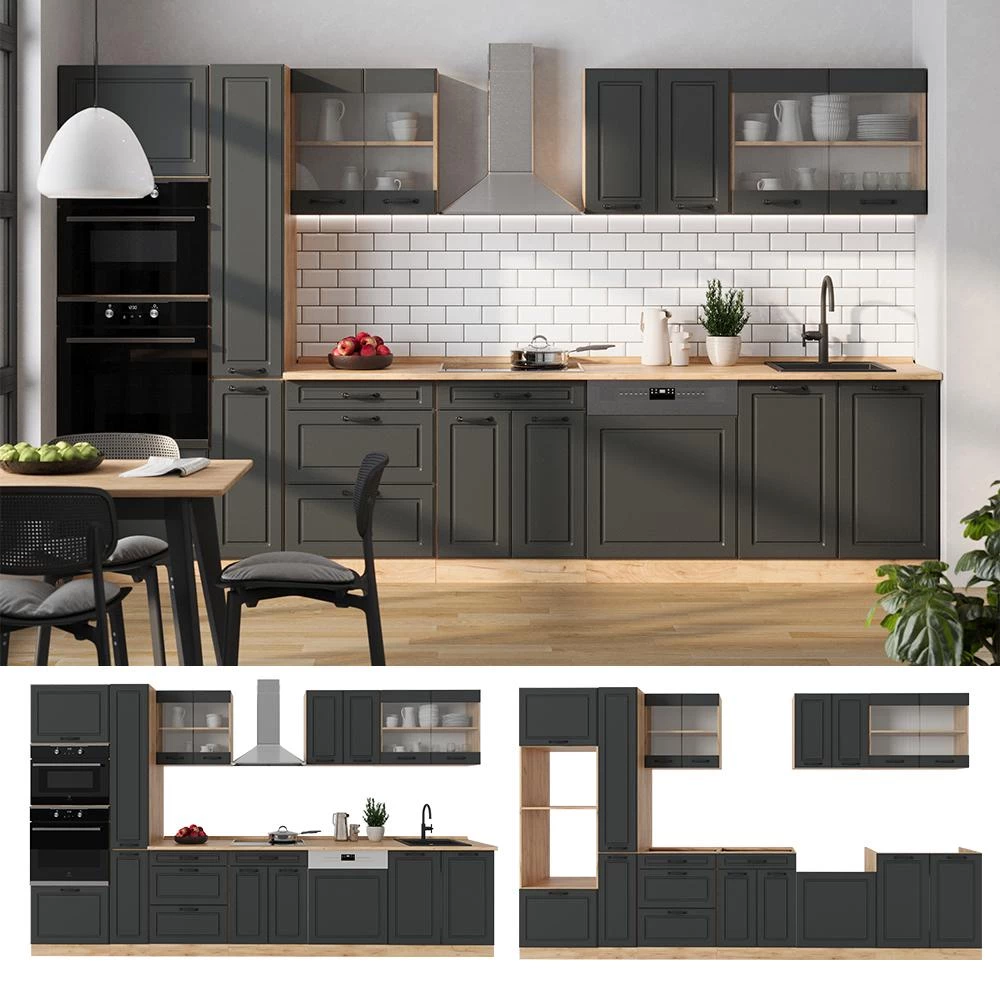 Complete keuken R-Line Antraciet landhuis/gouden eik 350 cm , WB Eik Vicco