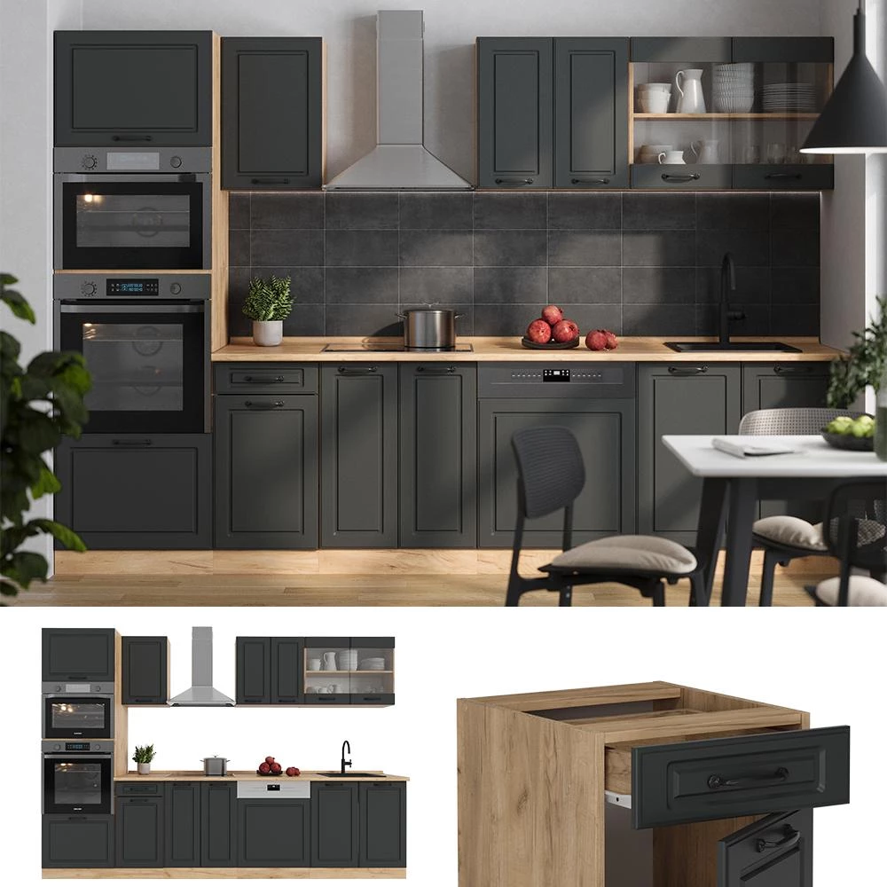 Complete keukeneenheid R-Line Antraciet landhuis/gouden eik 300 cm met hoge kast, zonder werkblad Vicco