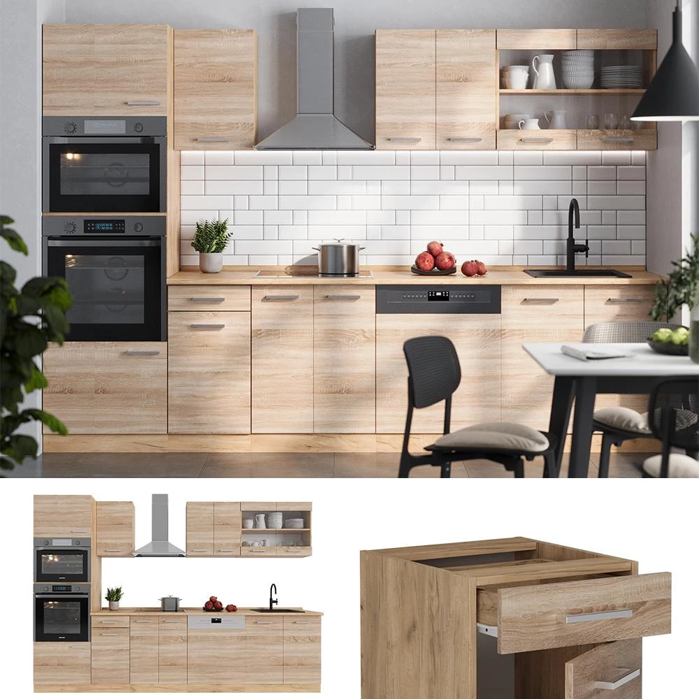 Complete keukeneenheid R-Line Sonoma/Goudkraft eik 300 cm met hoge kast, WB Antraciet Vicco