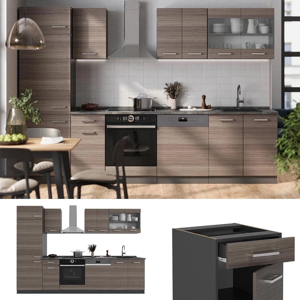 Complete keukeneenheid R-Line Edel grijs/antraciet 300 cm zonder werkblad Vicco