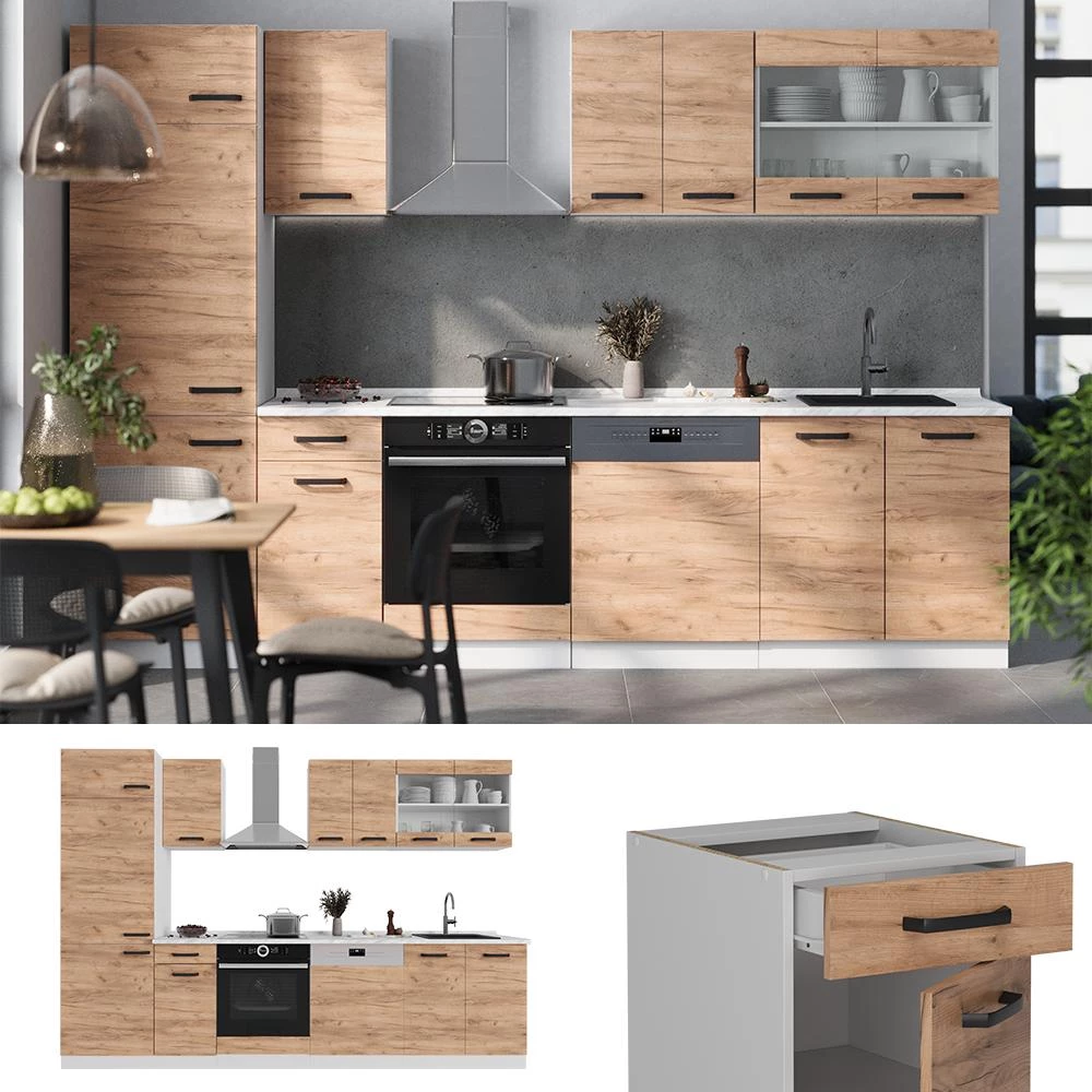 Küchenzeile R-Line Goldkraft Eiche/Weiß 300 cm AP Anthrazit livinity®