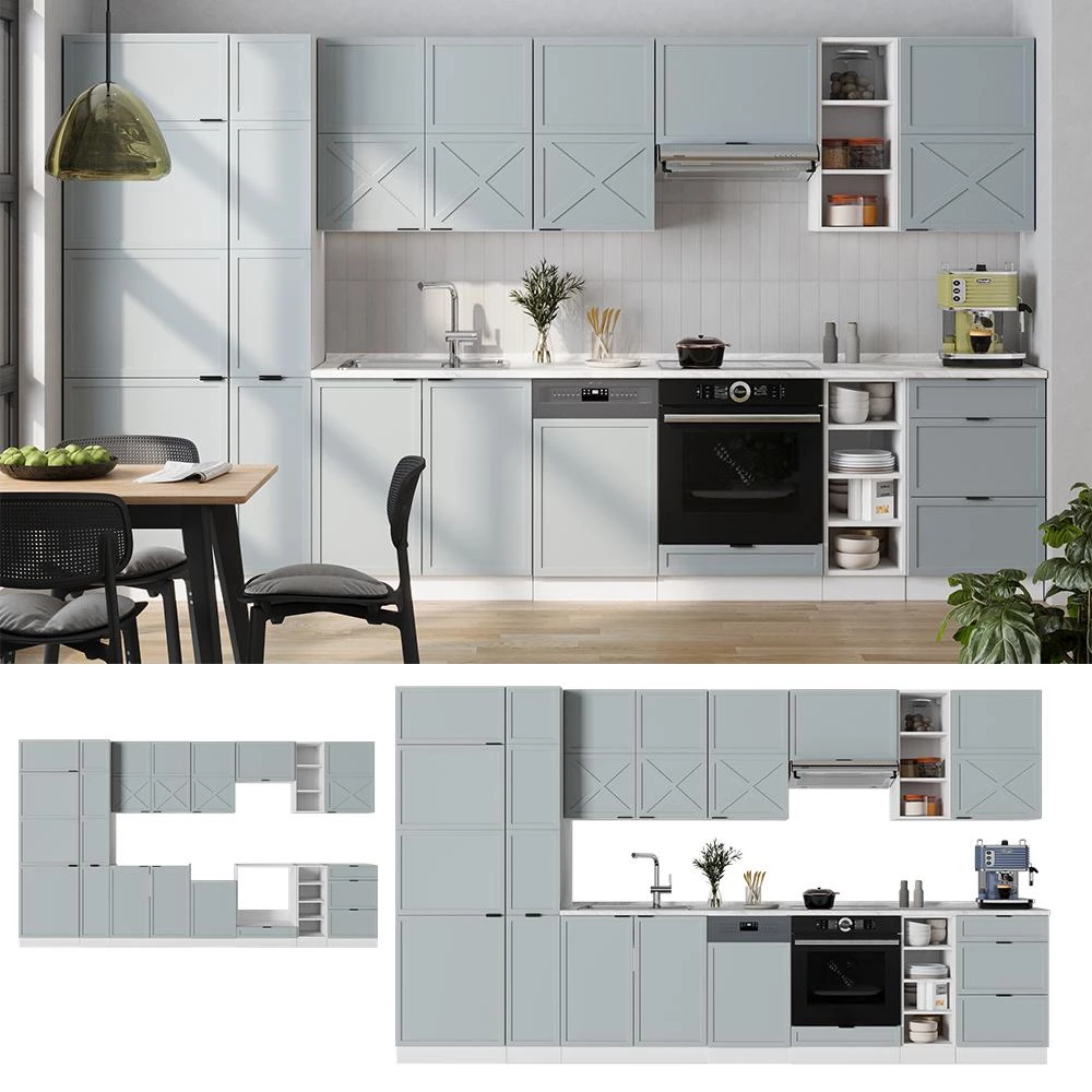 Cuisine Fame-Line Bleu clair-gris/Blanc 355cm plan de travail Marbre Vicco