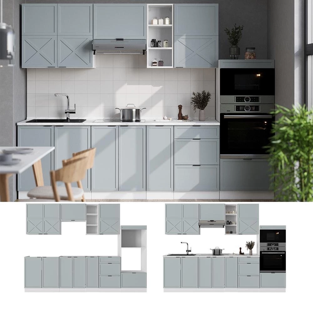Cuisine Fame-Line Bleu clair-gris/Blanc 280cm plan de travail Chêne doré Vicco