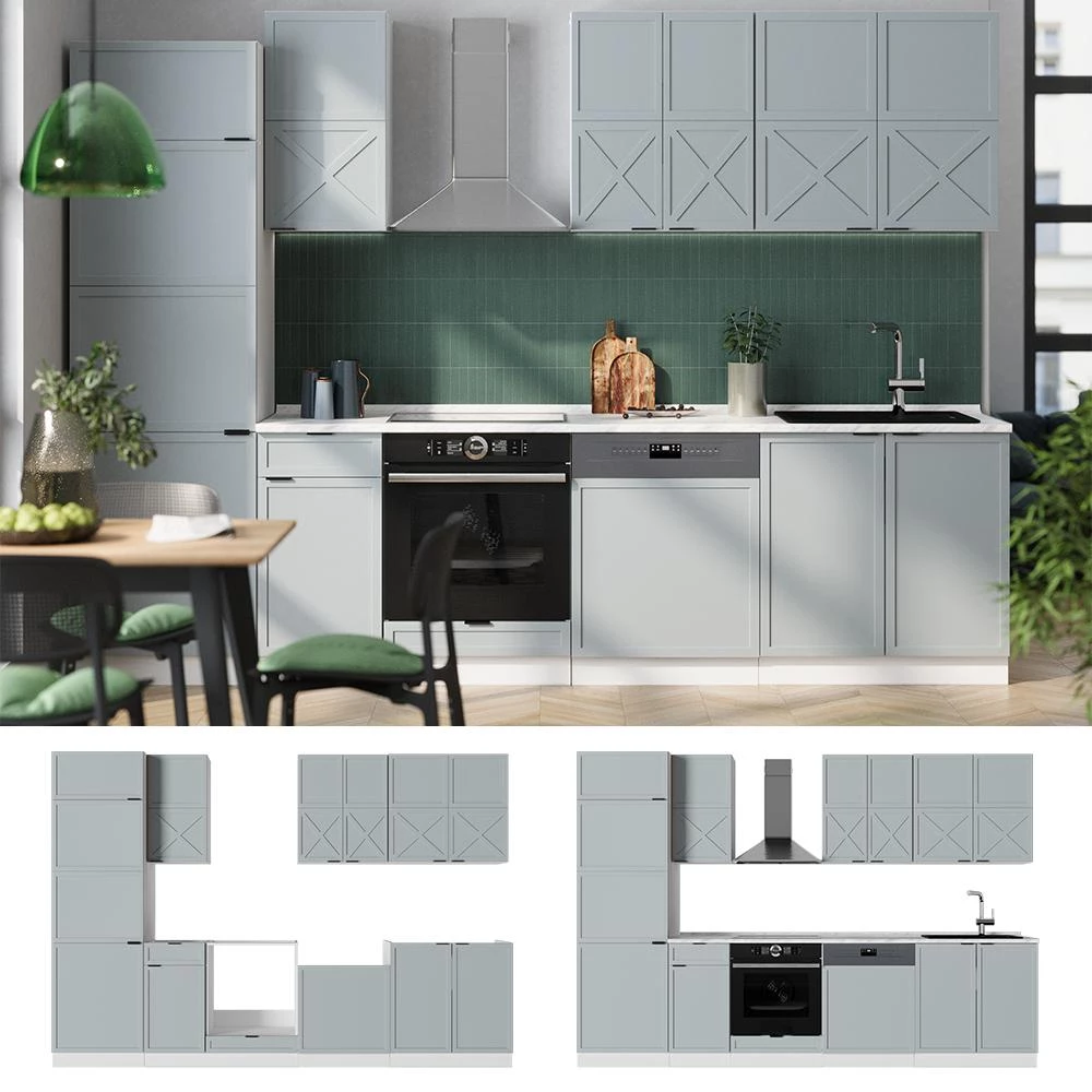 Cuisine Fame-Line Bleu clair-gris/Blanc 300cm plan de travail Chêne doré Vicco