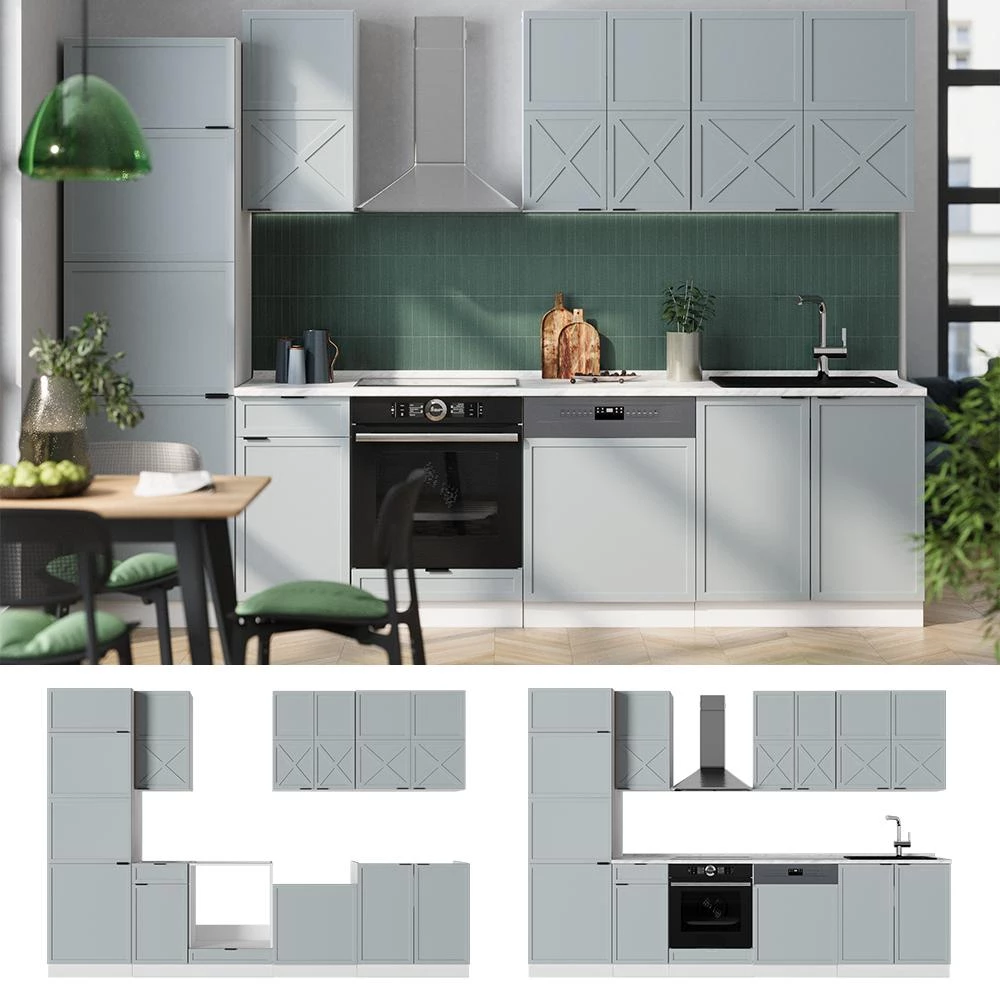 Cuisine Fame-Line Bleu clair-gris/Blanc 300cm plan de travail Anthracite Vicco