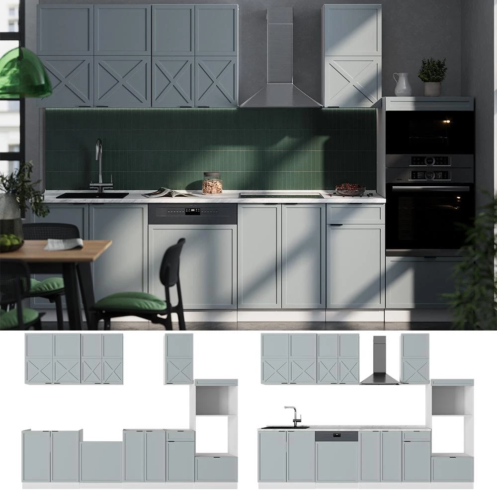 Cuisine Fame-Line Bleu clair-gris/Blanc 300cm plan de travail Marbre Vicco
