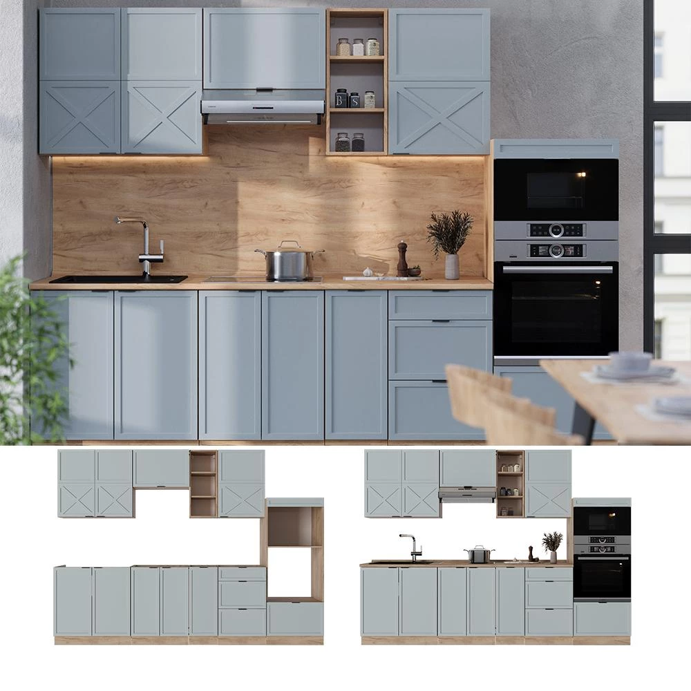 Cuisine Fame-Line Bleu clair-gris/Chêne doré 280cm plan de travail Marbre Vicco