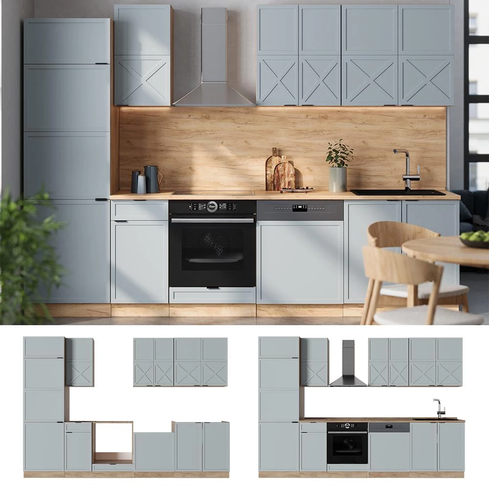 Cuisine Fame-Line Bleu clair-gris/Chêne doré 300cm plan de travail Anthracite Vicco