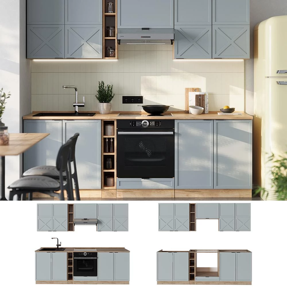 Cuisine Fame-Line Bleu clair-gris/Chêne doré 235cm plan de travail Anthracite Vicco