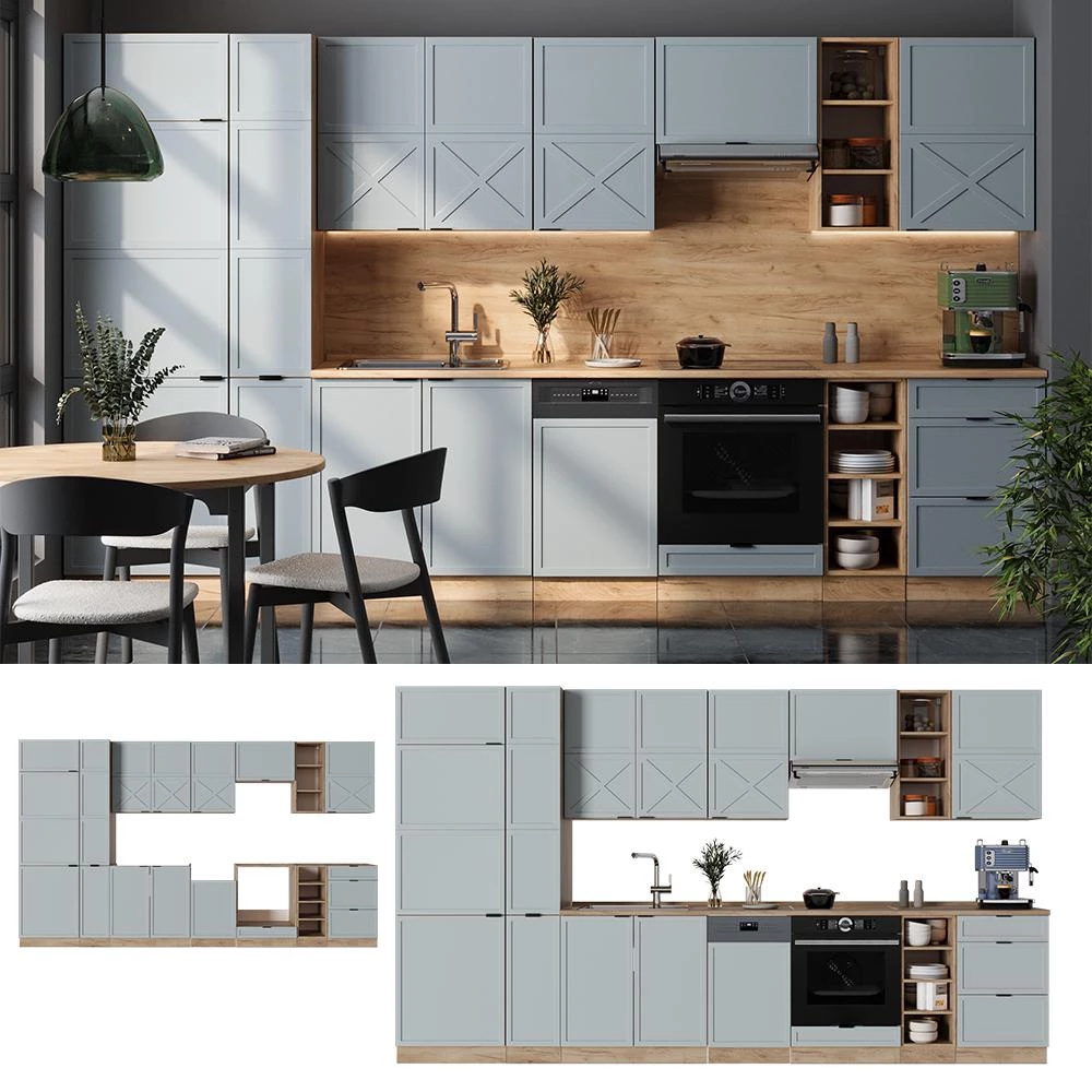 Cuisine Fame-Line Bleu clair-gris/Chêne doré 355cm plan de travail Chêne doré Vicco
