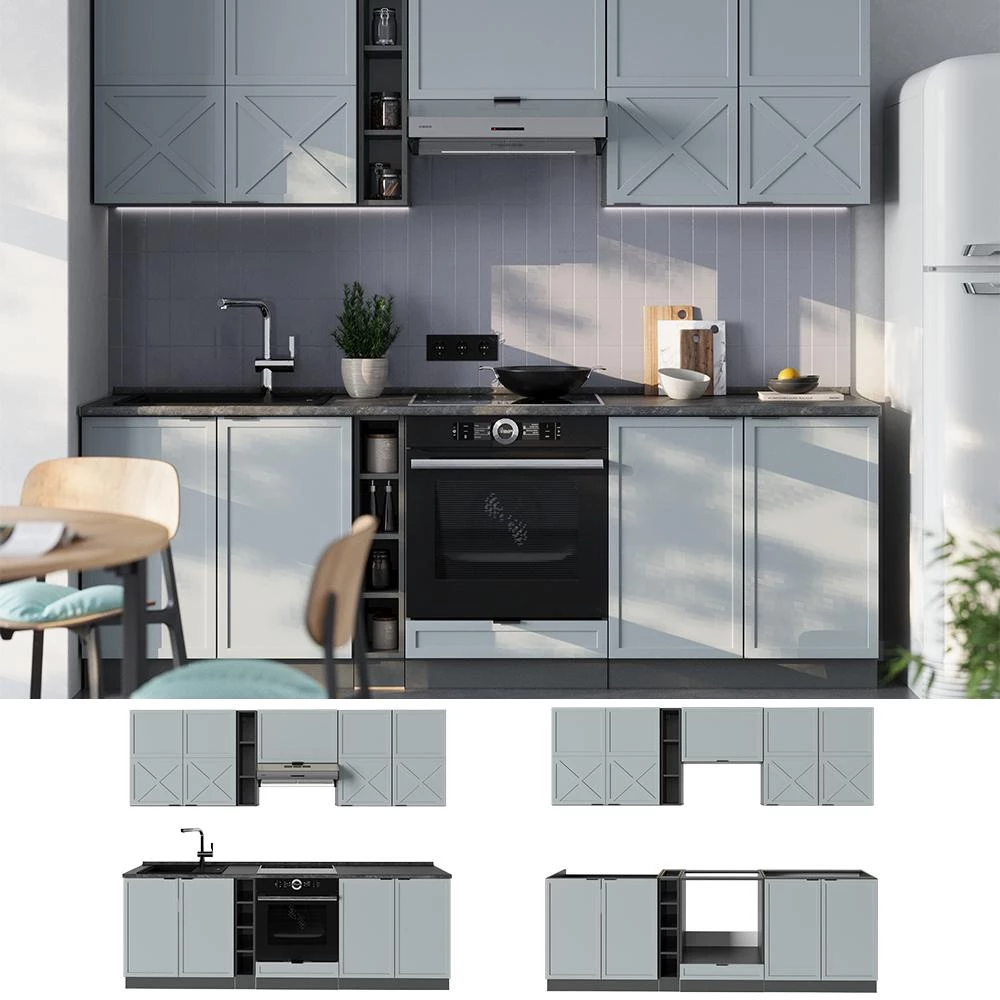 Cuisine Fame-Line Bleu clair-gris/Anthracite 235cm plan de travail Chêne doré Vicco