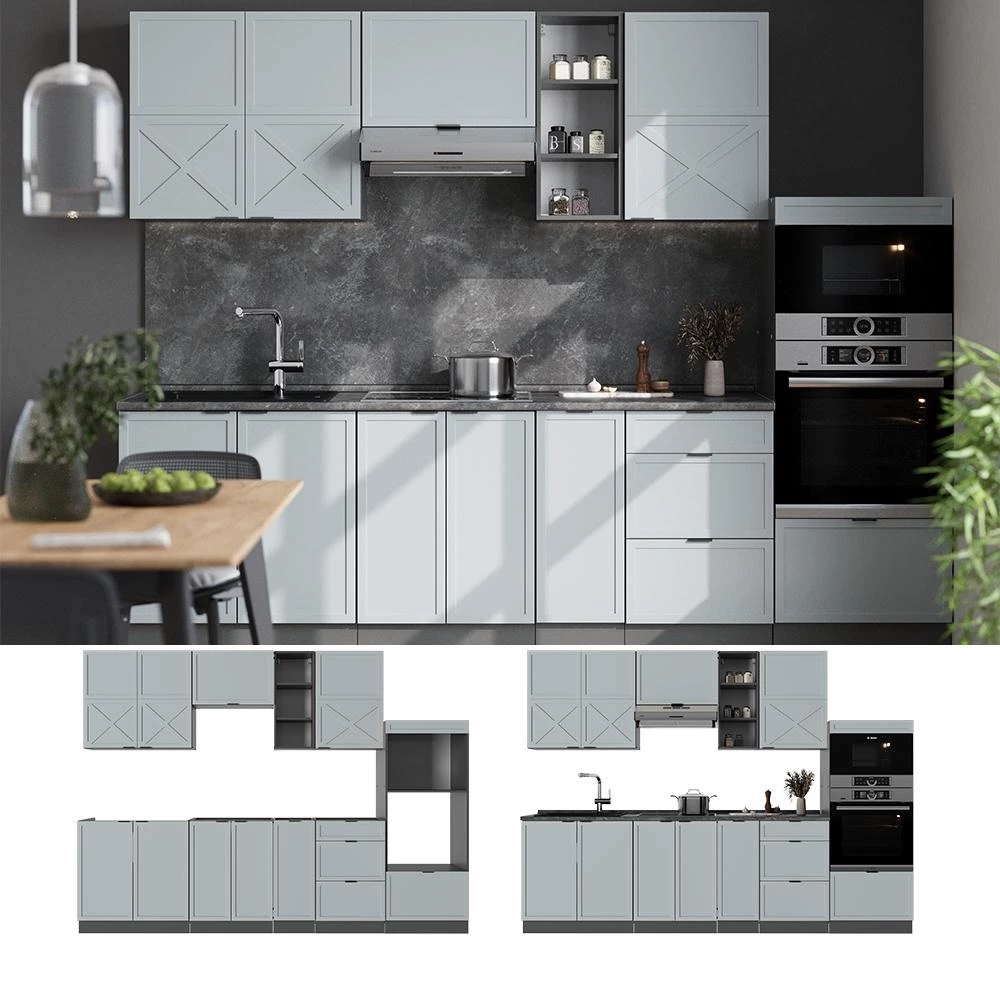 Cuisine Fame-Line Bleu clair-gris/Anthracite 280cm plan de travail Chêne doré Vicco