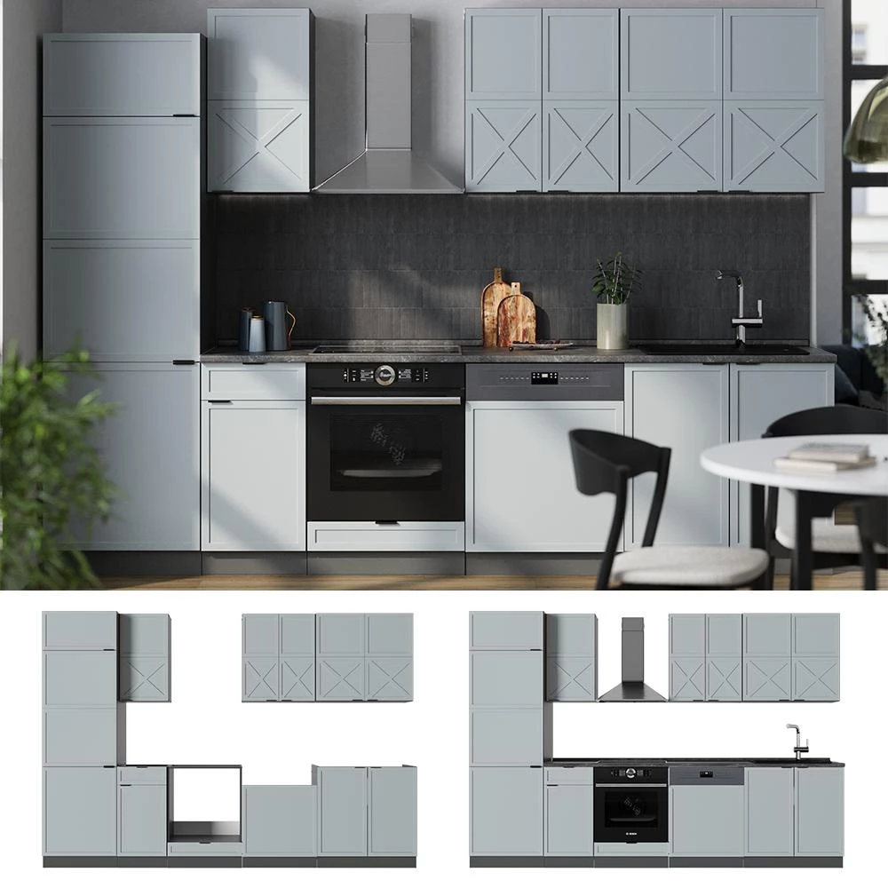 Cuisine Fame-Line Bleu clair-gris/Anthracite 300cm plan de travail Anthracite Vicco