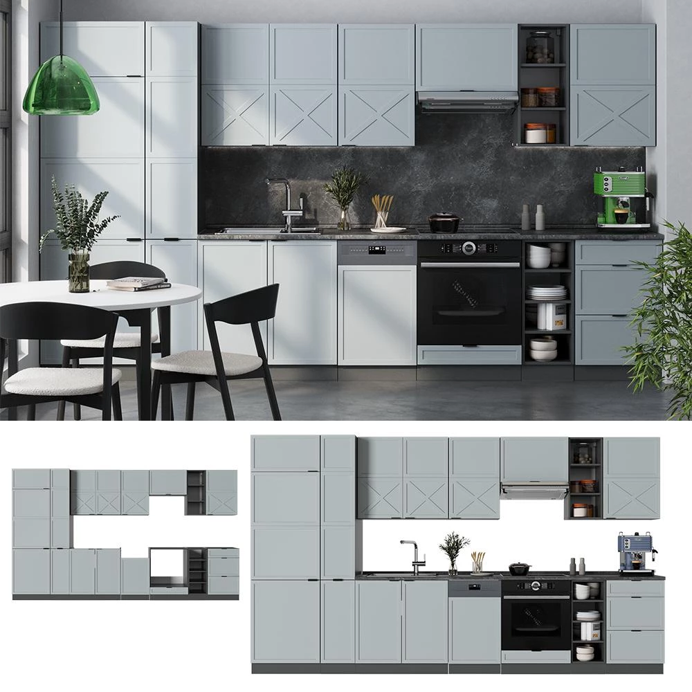 Cuisine Fame-Line Bleu clair-gris/Anthracite 355cm plan de travail Chêne doré Vicco