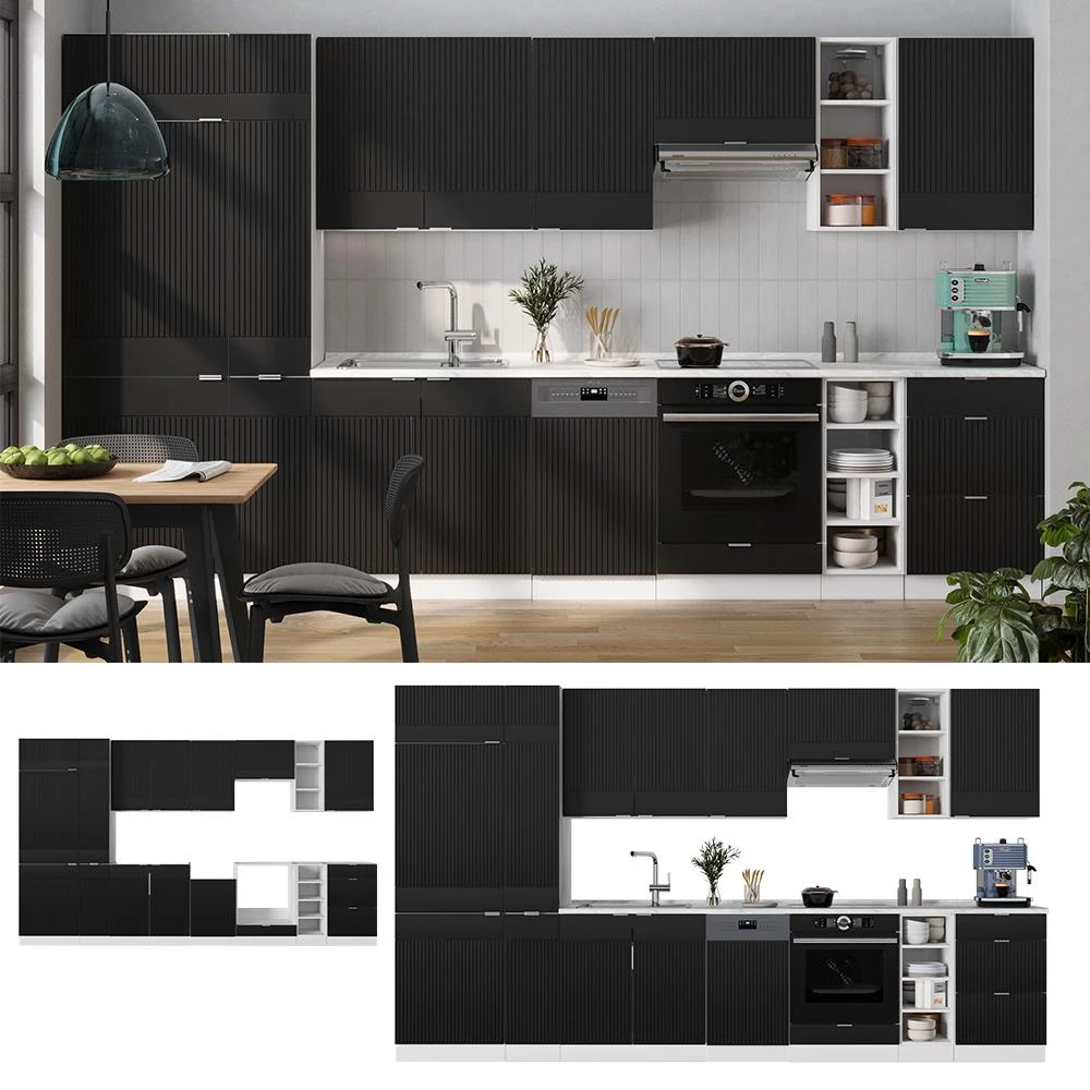 Cuisine Fame-Line Noir rayé/Blanc 355cm plan de travail Anthracite Vicco