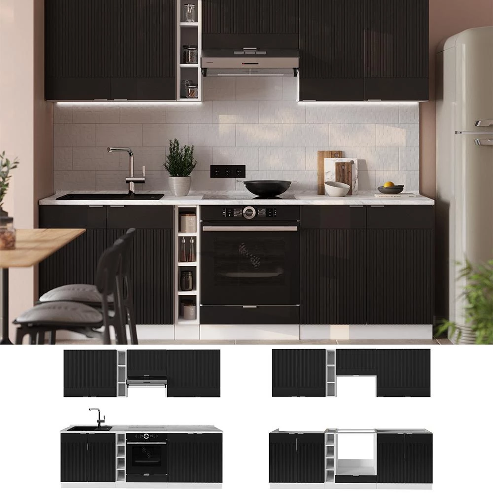Cuisine Fame-Line Noir rayé/Blanc 235cm plan de travail Marbre Vicco