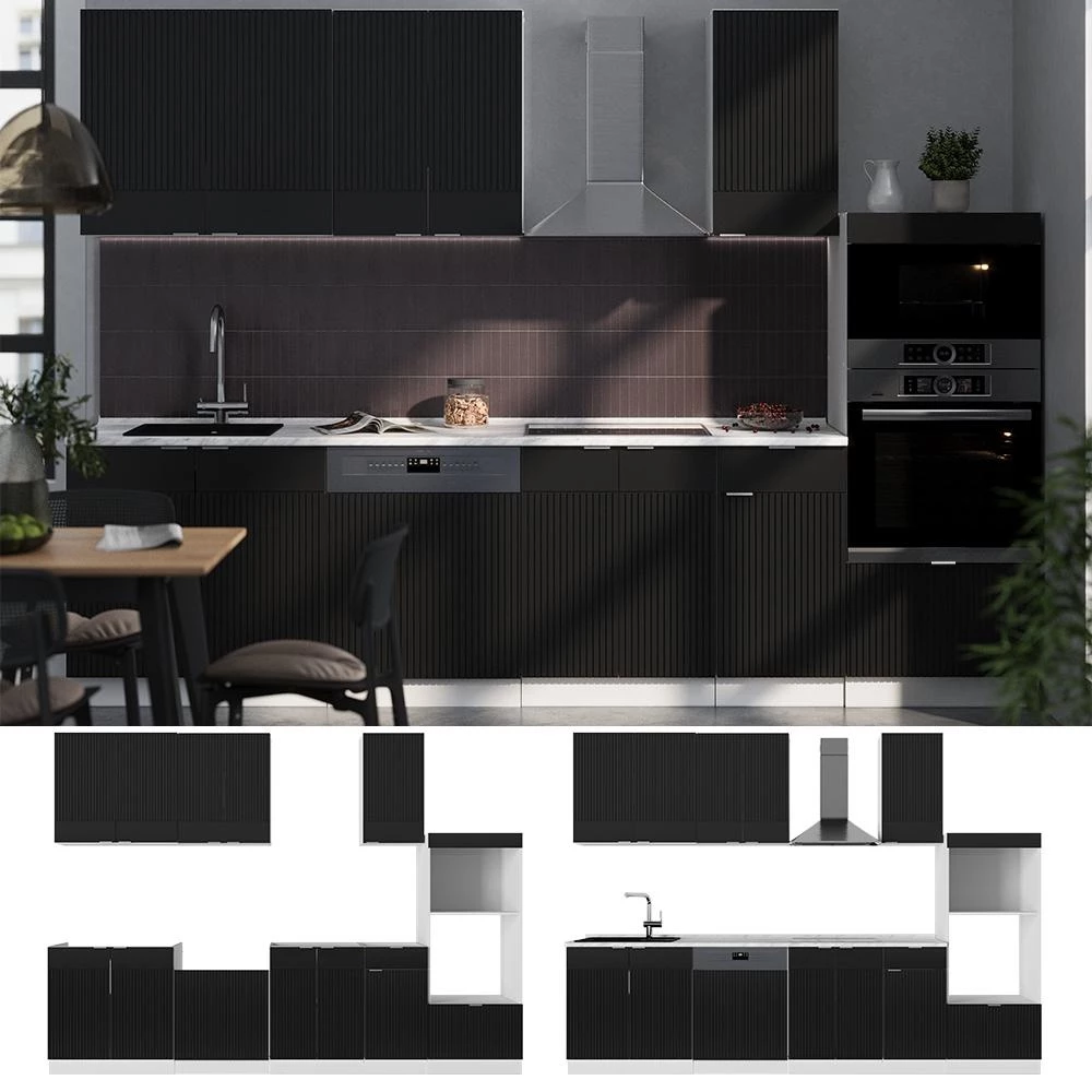 Cuisine Fame-Line Noir rayé/Blanc 300cm plan de travail Marbre Vicco