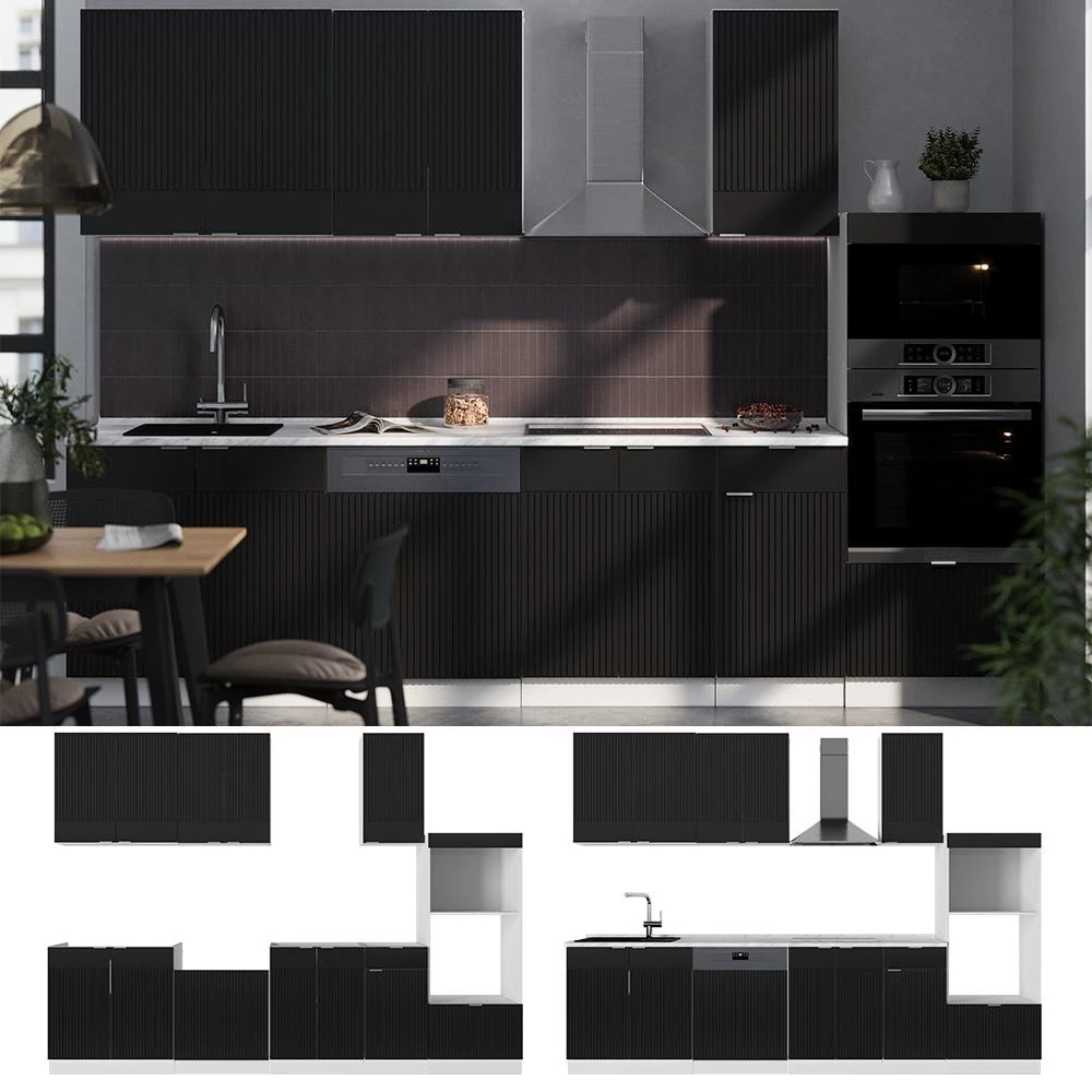 Cuisine Fame-Line Noir rayé/Blanc 300cm plan de travail Chêne doré Vicco