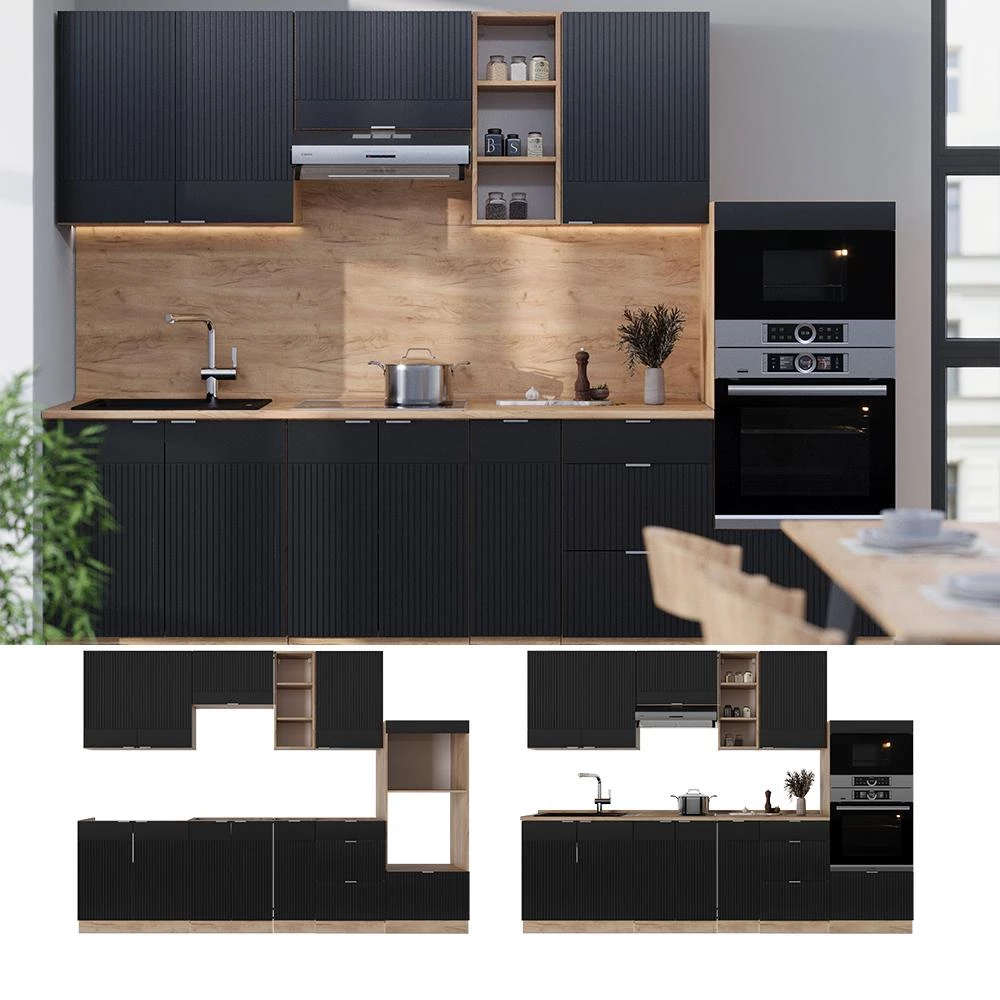 Cuisine Fame-Line Noir rayé/Chêne doré 280cm plan de travail Anthracite Vicco