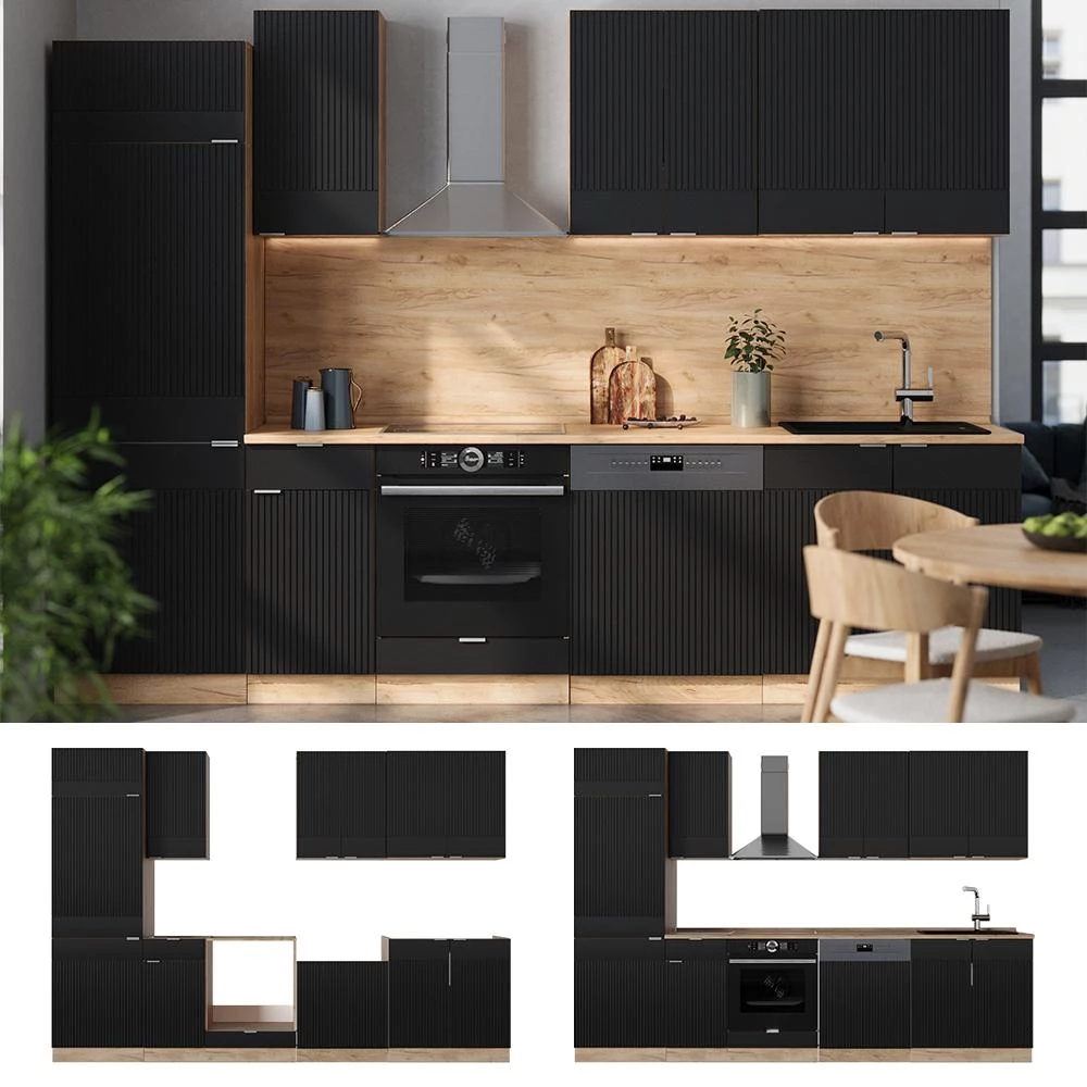 Cuisine Fame-Line Noir rayé/Chêne doré 300cm plan de travail Anthracite Vicco