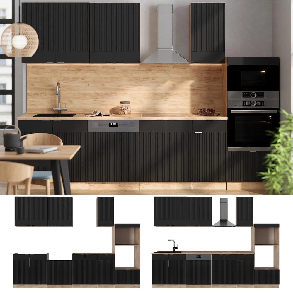 Cuisine Fame-Line Noir rayé/Chêne doré 300cm plan de travail Marbre Vicco