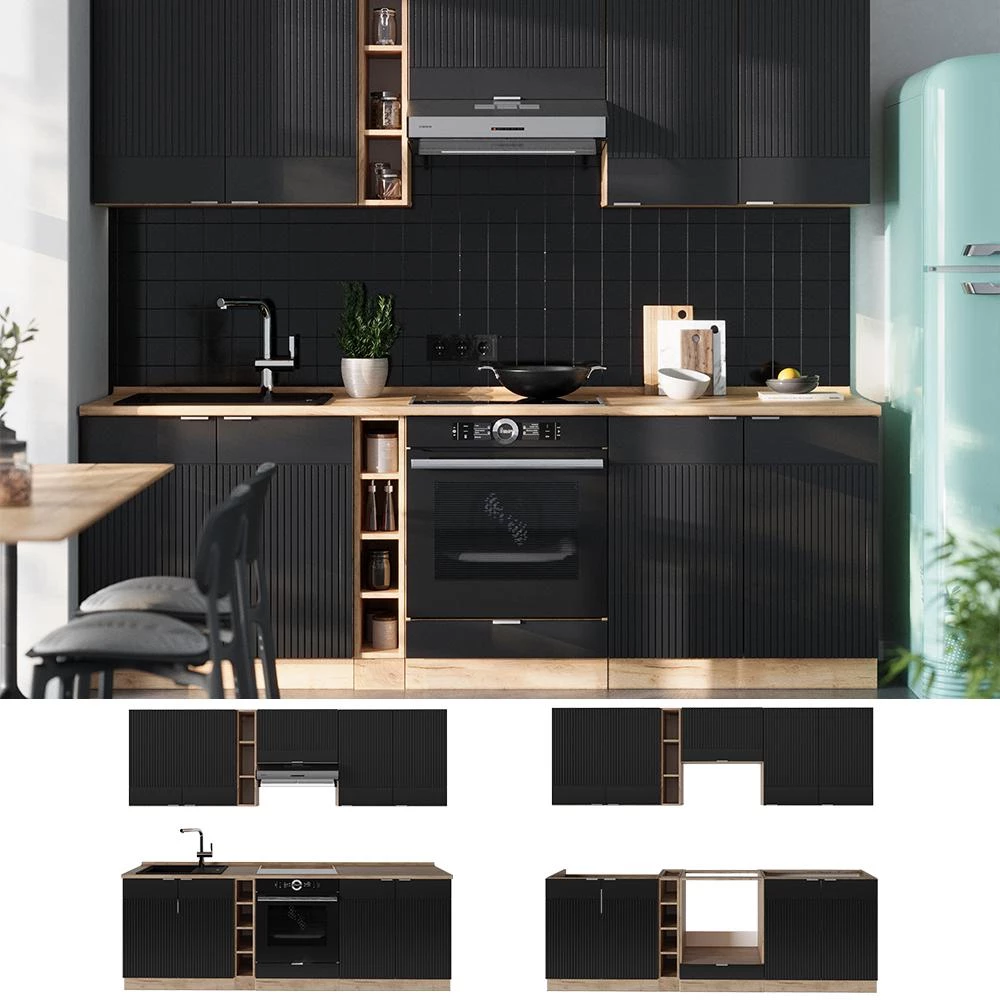Cuisine Fame-Line Noir rayé/Chêne doré 235cm plan de travail Marbre Vicco