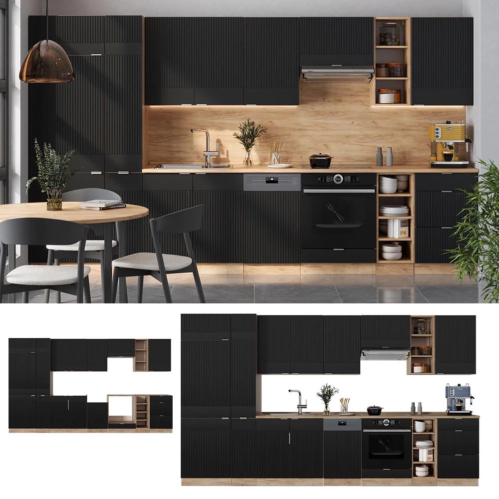 Cuisine Fame-Line Noir rayé/Chêne doré 355cm plan de travail Marbre Vicco