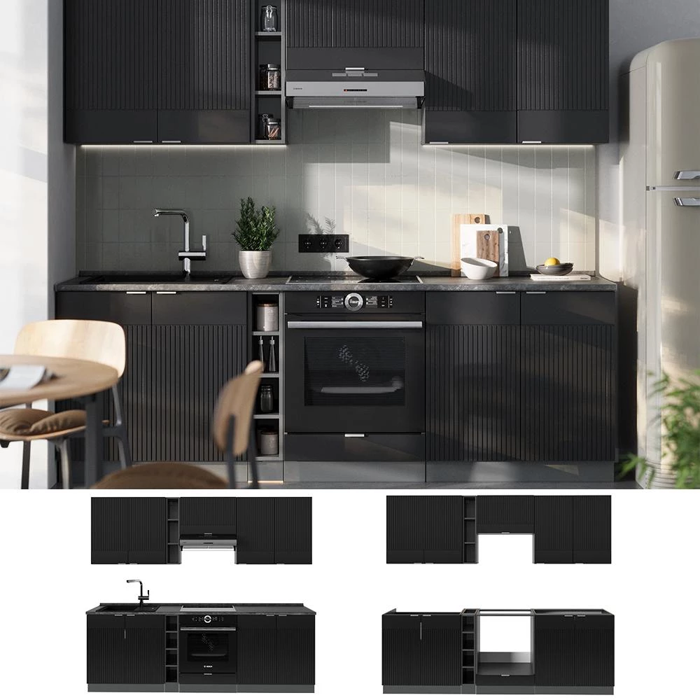 Cuisine Fame-Line Noir rayé/Anthracite 235cm plan de travail Marbre Vicco