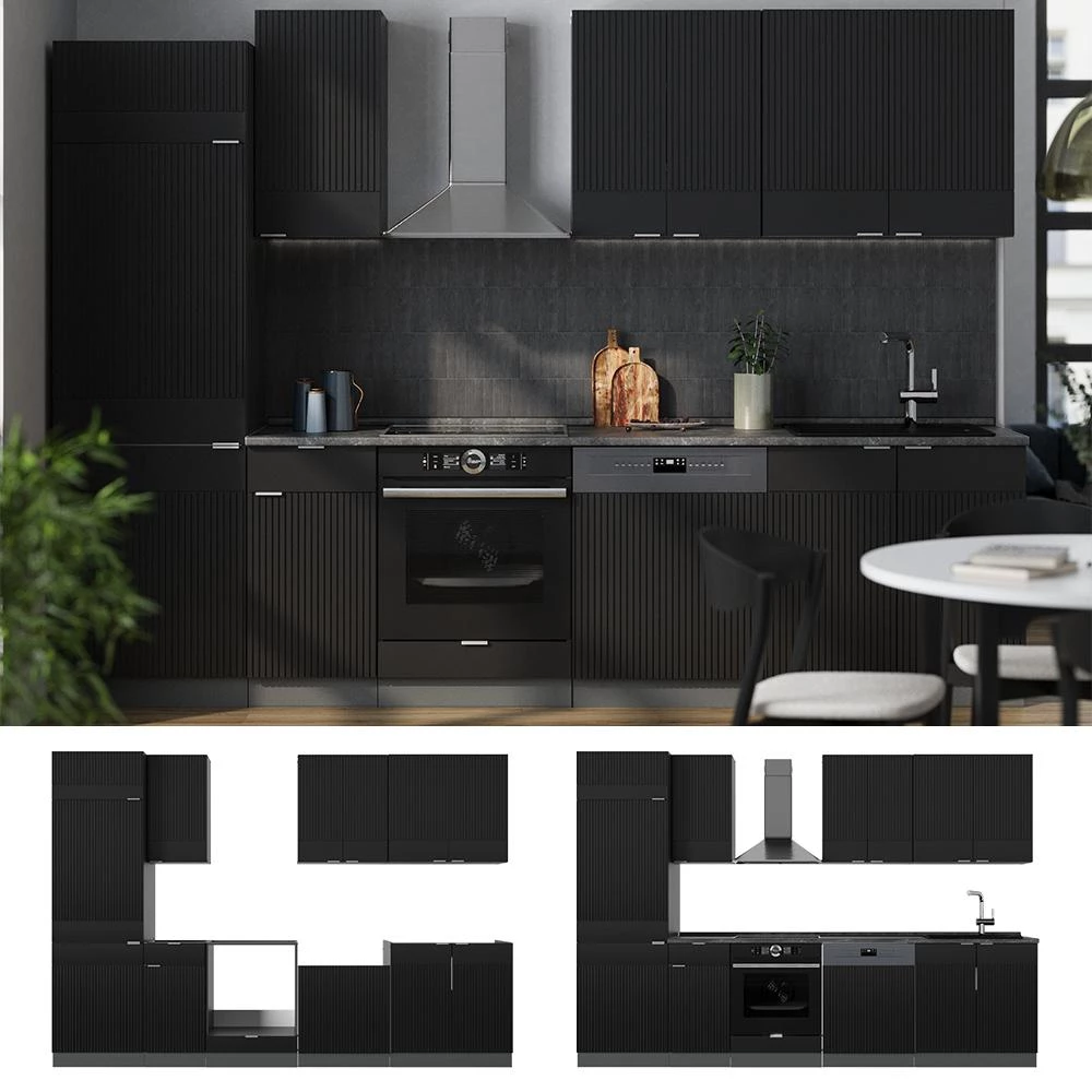 Cuisine Fame-Line Noir rayé/Anthracite 300cm plan de travail Anthracite Vicco