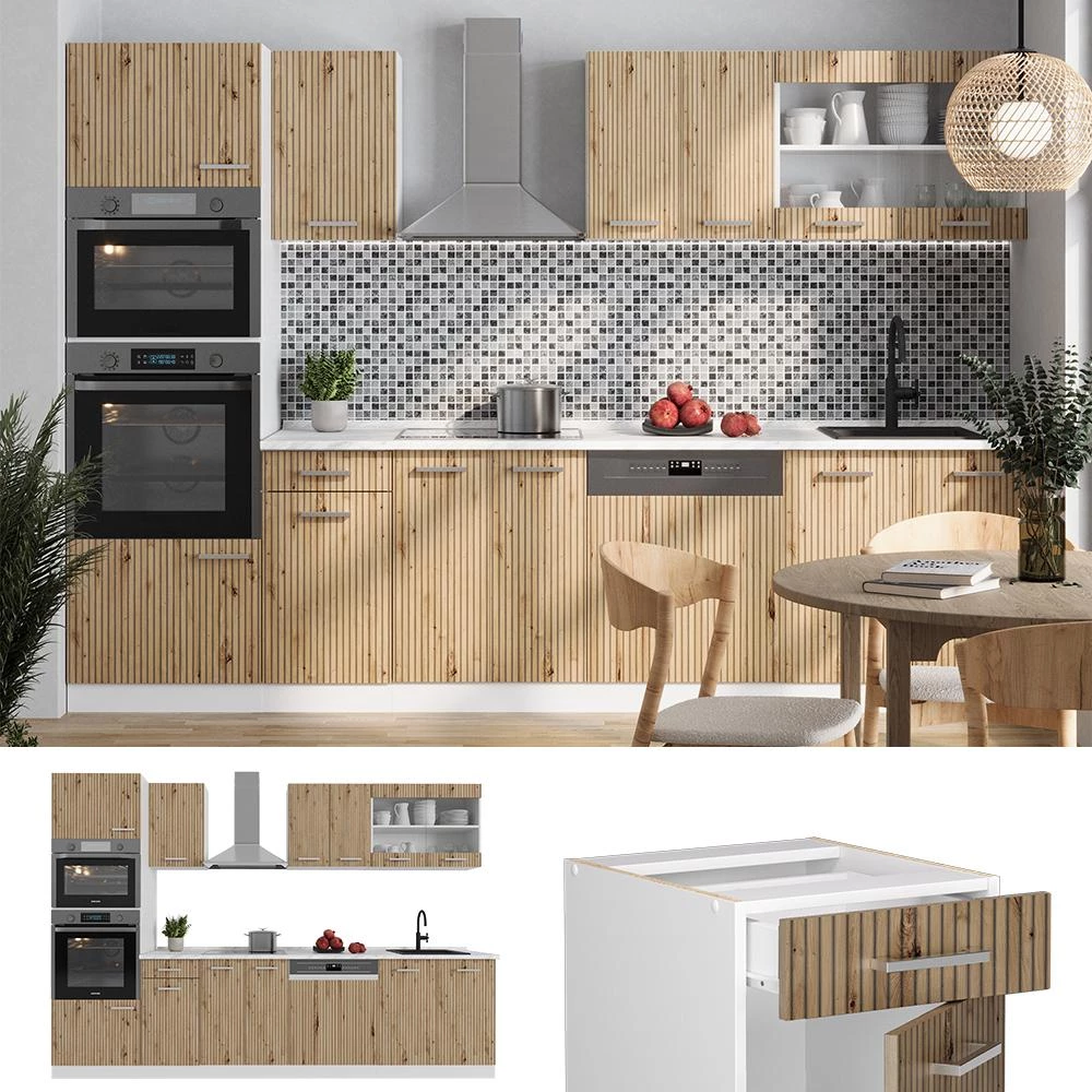Complete keukeneenheid R-Line Artisanaal eiken/wit 300 cm met hoge kast, zonder werkblad Vicco