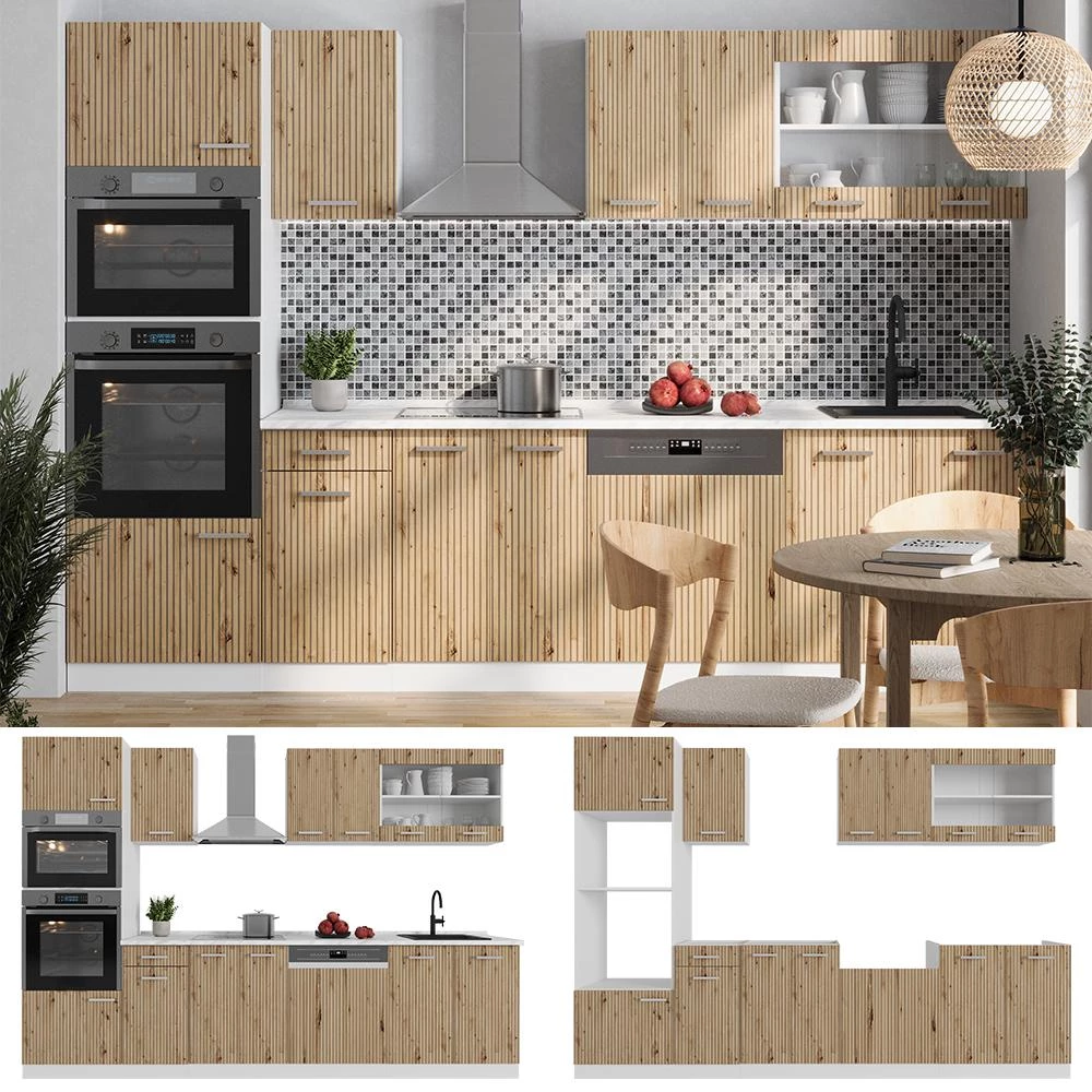 Complete keukeneenheid R-Line Artisanaal eiken/wit 300 cm met hoge kast, met marmeren werkblad Vicco