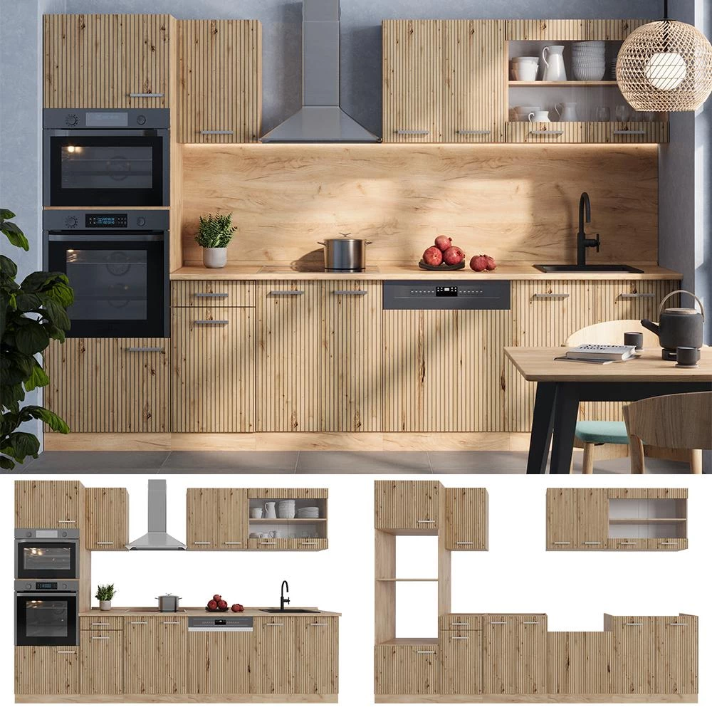Complete keukeneenheid R-Line Artisanaal eiken/Goudkraft eiken 300 cm met hoge kast, WB Eik Vicco
