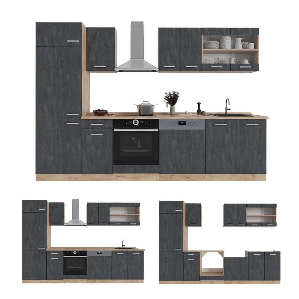Complete keukeneenheid R-Line Zwart beton/goud eiken 300 cm zonder werkblad Vicco