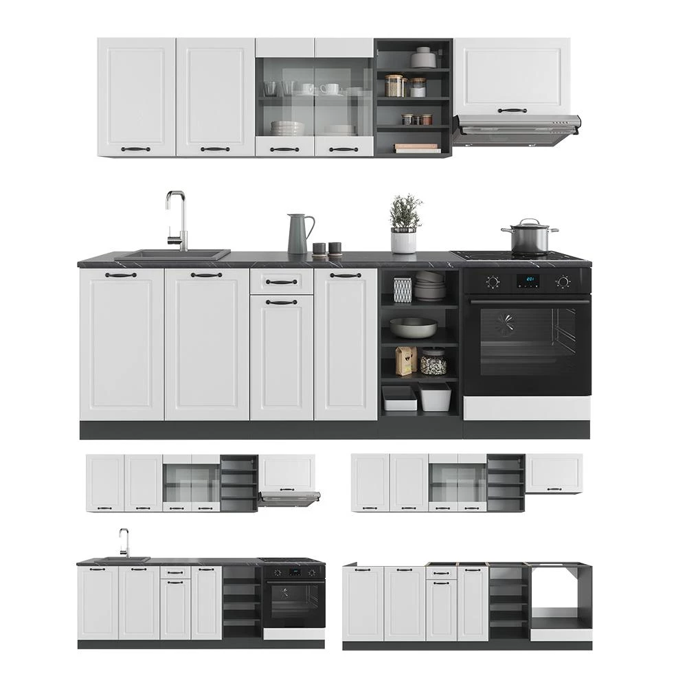 Complete keukeneenheid R-Line Landhuis wit/antraciet 240 cm , WB Marmer Vicco